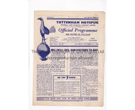 TOTTENHAM HOTSPUR      Programme for the home Football Combination match v Millwall 31/10/1953, slight horizontal crease.    