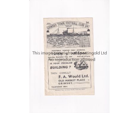 ARSENAL      Programme for the away League match v Grimsby Town 13/12/1947, staple removed, team changes and scores entered. 