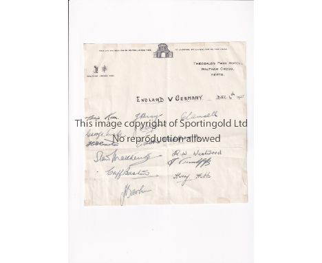 ENGLAND FOOTBALL AUTOGRAPHS 1935       A letter headed sheet from Theobalds Park Hotel before the match v Germany 4/12/1935 a