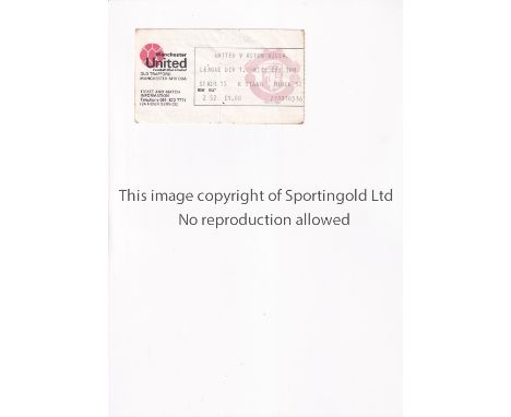 MANCHESTER UNITED     Ticket for the home League match and Gordan Hill's Debut v Aston Villa 15/11/1975, vertical crease.    
