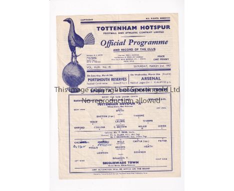 TOTTENHAM HOTSPUR      Single sheet programme for the home Eastern Counties League match v Biggleswade 2/3/1957, slightly cre