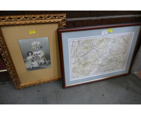 Victorian print of two children in gilt frame and framed map of Burton in Kendal