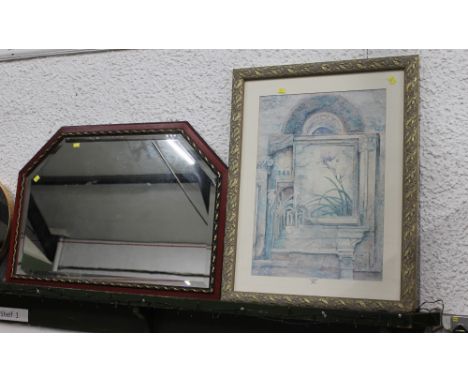 Overmantle mirror and a floral print 