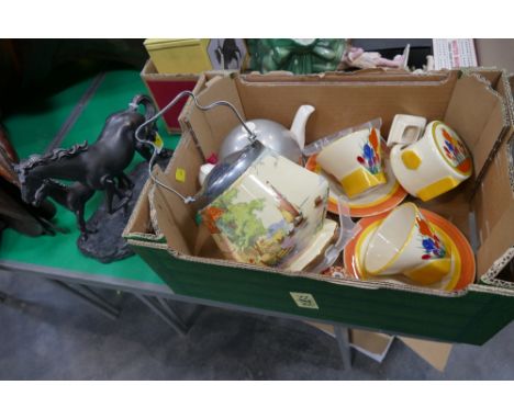 Clarice Cliff style cups, saucers and jam pot, EverHot teapot and biscuit barrel, lamp base, oriental vase   