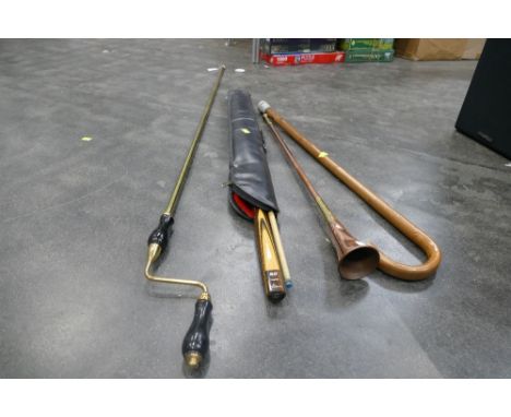 Coaching horn, walking stick, snooker cue and winding pole