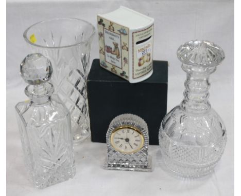 Royal Worcester savings book, crystal decanters, vase and clock