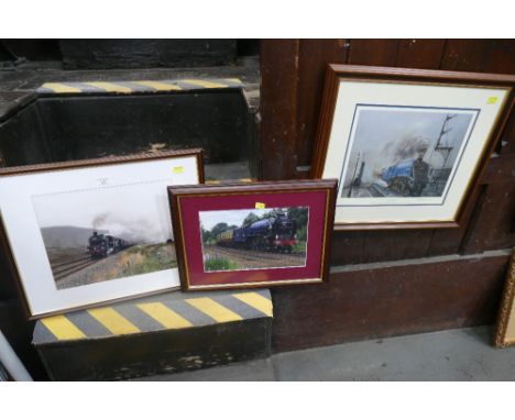 Two framed and mounted locomotive photographs and locomotive print
