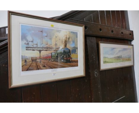 Watercolour of a steam locomotive and signed limited edition print of Stirling Departure