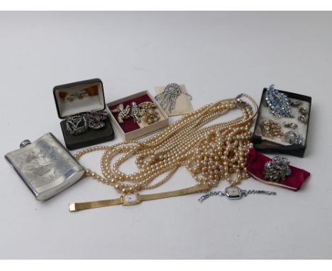 Costume jewellery and a hip flask