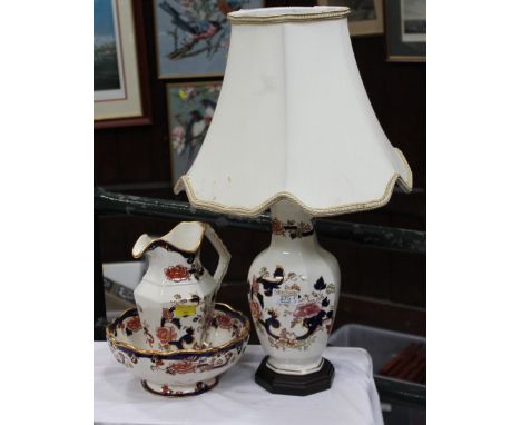 Mason's blue manderlay jug and bowl and decorative table lamp with shade 
