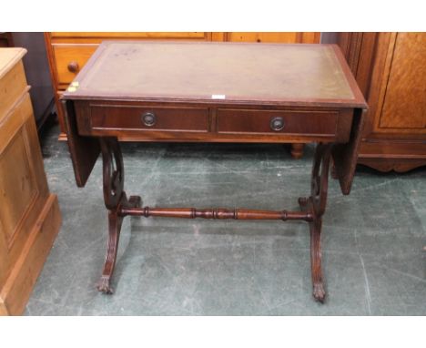 Repro green leather tooled top sofa table