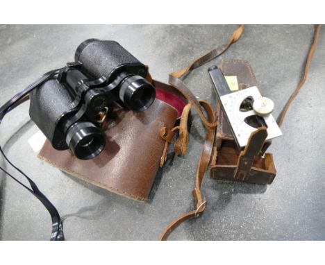 Cased Stanley Inclinometer and pair of binoculars