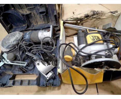 JCB 1500W router and a Bosch example. Large container full of stud wall off cuts for projectors or firewood. All electrical i