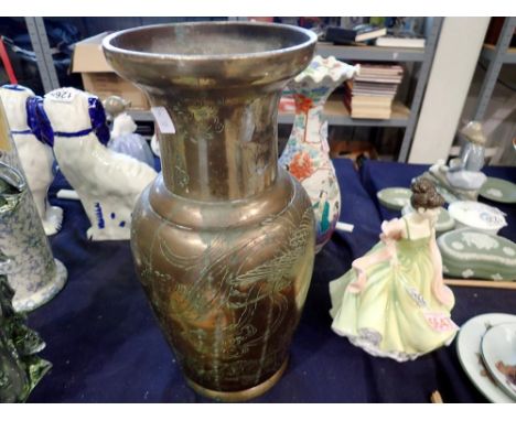 Heavy Japanese bronze vase with incised bird and foliage design. Not available for in-house P&amp;P 