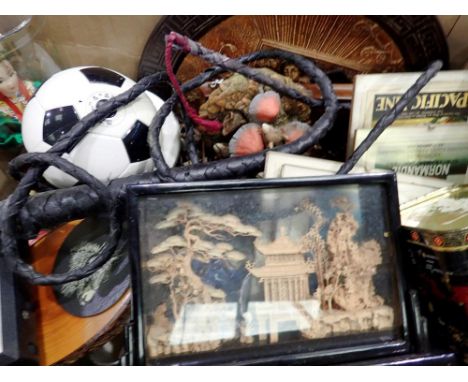 Mixed items to include whip/Oriental tin and sculptures etc. Not available for in-house P&amp;P 
