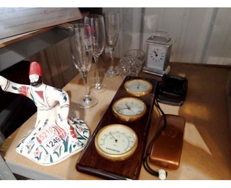 Mixed collection of items, including a continental handmade ceramic figure, modern wall mounted clock, thermometer/barometer 