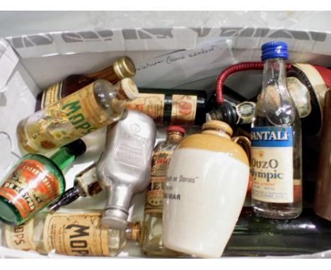 Sheffield Rose pewter small flask and 14 miniature bottles of alcohol, some sealed and full. Not available for in-house P&amp