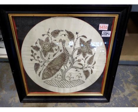 Framed circular tapestry of a peacock, D: 46 cm. Not available for in-house P&amp;P 