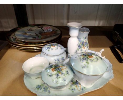 Early 20th century ceramic ladies dressing table set, together with decorative wall plates. Not available for in-house P&amp;
