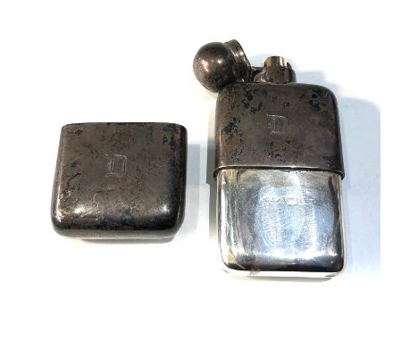 Antique silver hip flask London silver hallmarks measures approx 12.5cm by 6cm weight 150g age related marks and dents engrav