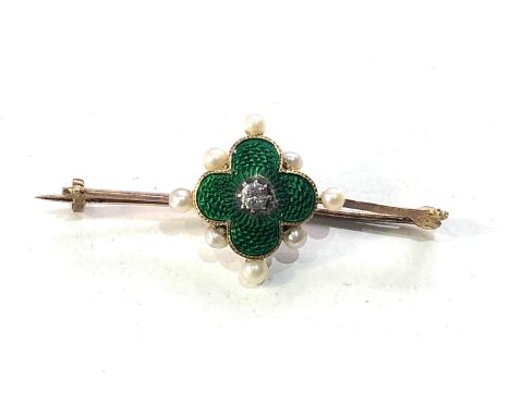 Antique 9ct gold diamond and enamel seed-pearl brooch measures approx 4cm by 1.7cm 