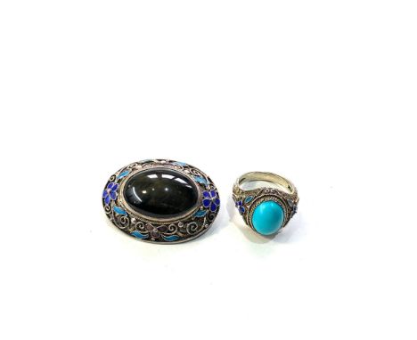 Chinese export silver filigree and enamel brooch and ring brooch measures approx 3.7cm by 2.7cm 