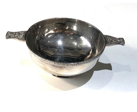 Sterling silver hallmarked celtic design Quaich wine taster presentation engraved measures approx 16cm wide height 5cm weight