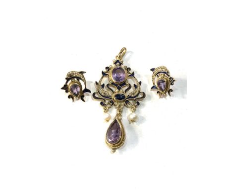 18ct gold amethyst pearl enamel pendant &amp; earrings pendant measures approx 6cm drop by 3cm&nbsp;wide weight 11g, damage t