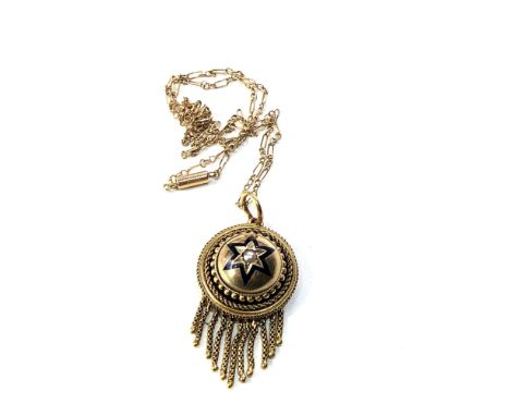 Antique 15ct gold enamel and pearl tassle pendant and chain with picture locket back pendant measures approx 4cm drop by 2.2c