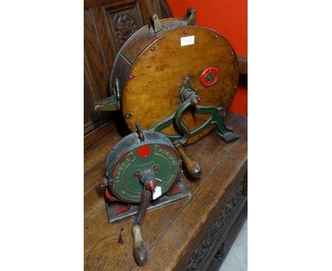*Item to be collected from Friargate, Derby*A Victorian mahogany and oak Spong's knife sharpener, with cast iron supports, ap