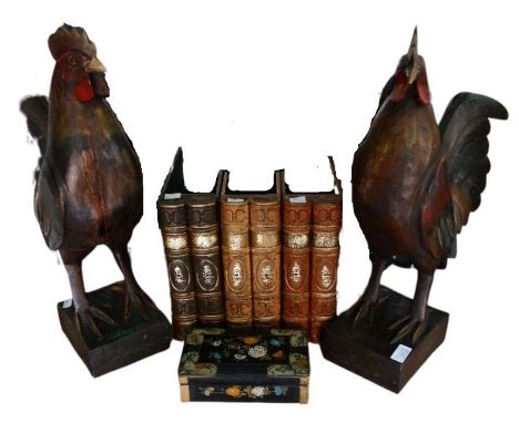 *Item to be collected from Friargate, Derby*A pair of decorative painted wood cockerels, approx 58cm high; together with thre