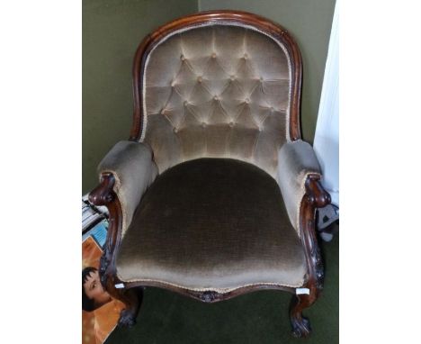 *Item to be collected from Friargate, Derby* A Victorian mahogany button-backed armchair, down-swept arms with elbow padding,
