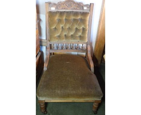 *Item to be collected from Friargate, Derby*A Victorian mahogany button back chair, carved top rail, turned fore-legs, origin