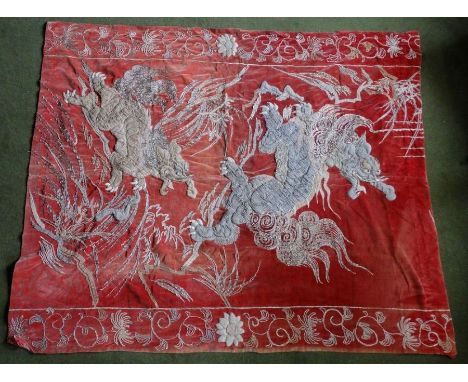 *Item to be collected from Friargate, Derby*Textiles - A Chinese red velvet panel, embroidered with dragons, clouds and flowe