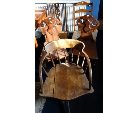 *Item to be collected from Friargate, Derby*A 19th century rush seat low armchair, wheel and spindle back, approx 88cm high x