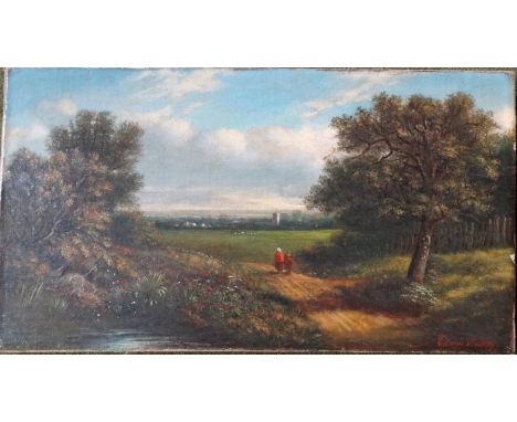 *Item to be collected from Friargate, Derby* E. Bullery (19th Century), two figures on a lane looking towards a church, signe
