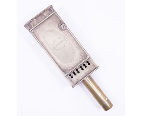 *Item to be collected from Friargate, Derby* A late 19th/early 20th century electroplated travelling carriage lamp, the hinge