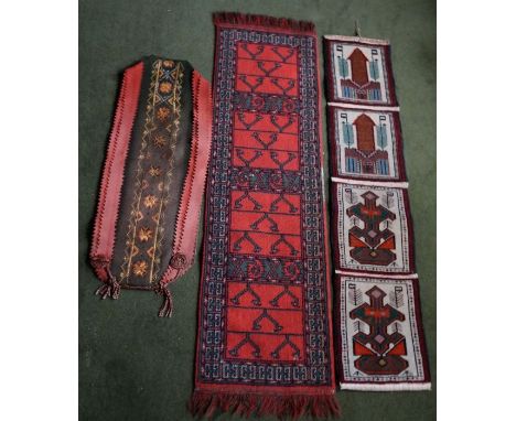 *Item to be collected from Friargate, Derby*A Victorian silk lined panel embroidered with flowers, approx 81cm x 32cm; a red 