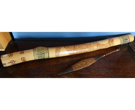 *Item to be collected from Friargate, Derby*Tribal interest - an Australian didgeridoo, carved with a Kangaroo, boomerangs an