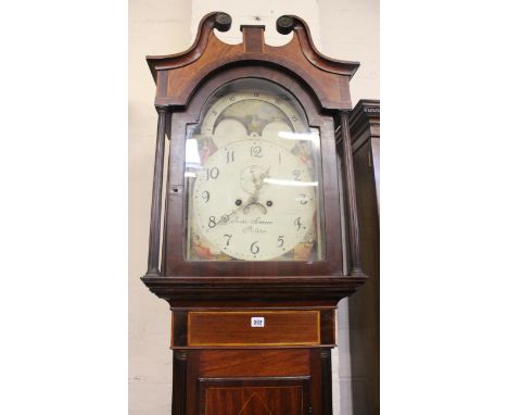 A 19th Century mahogany and crossbanded longcase clock with a painted face and moon phase, subsidiary dial, Joseph Spencer, B