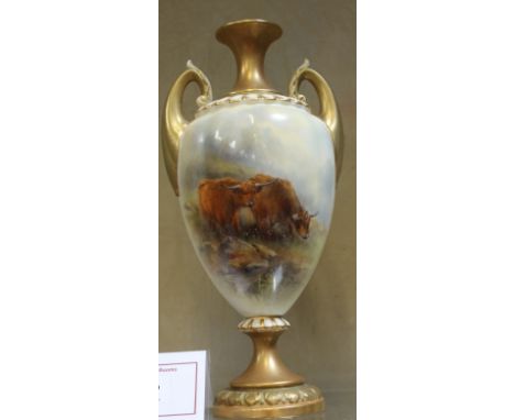 A Royal Worcester porcelain vase, signed J. Stinton, two-handled ovoid form decorated with highland cattle, pedestal base, sh