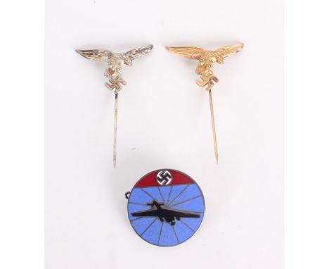 [Militaria] Two German Luftwaffe Stickpins of typical cast construction and design, one retaining much of its gilt finish, to