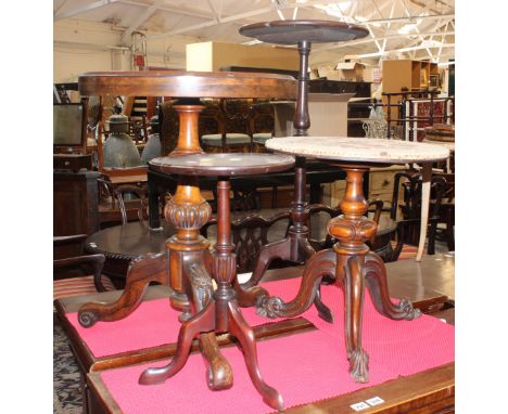 A Victorian mahogany lamp table with glazed needlepoint top on tripod base and three further mahogany occasional tables 