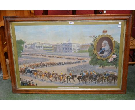 A Victorian hand-tinted etching, The Diamond Jubilee Procession, June 1897, in a large maple frame