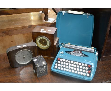 Clocks - an Art Deco stepped cased mantel clock, 19th century movement; a barometer; a typewriter; etc. (4)