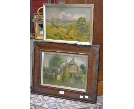 R W Crofts (Derbyshire early 20th century)
A Pair, Churchyard and Cattle in the Pasture
signed, oils on canvas, 24cm x 34cm