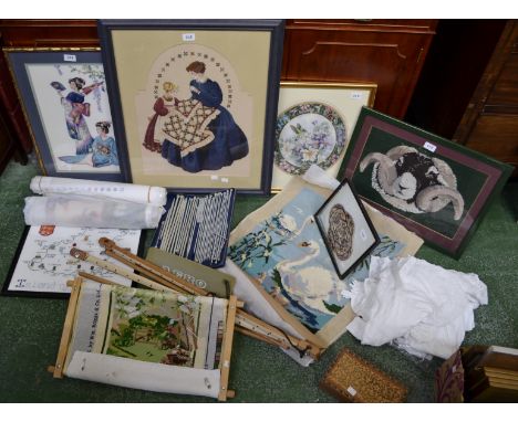 Textiles  - a tapestry panel Ram; others Animals, Floral, Geisha Girls, landscape etc part unfinished;  vintage clothes, need