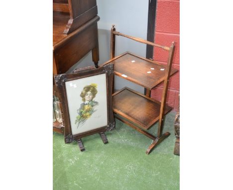 An oak two tier stand and an oak framed firescreen (2)