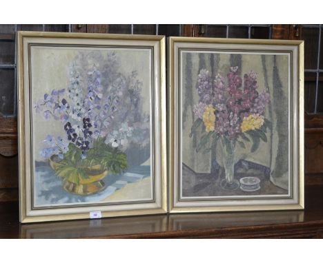 R E Rawcliffe (20th century)
a pair, Stocks in Glass Vase & Delphiniums in a Brass Bowl, oils on board, 49cm x 39cm (2)