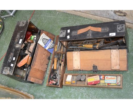Two carpenter's tool boxes and tools including chisels, files, smoothing plane, taps and dies, clamps etc.